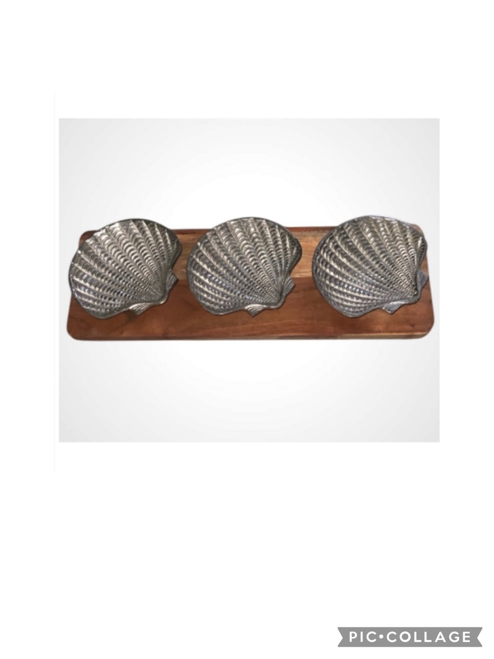 Silver Shell Shaped Serving Or Nik Nak Dishes on Wooden Tray 18” X 6”